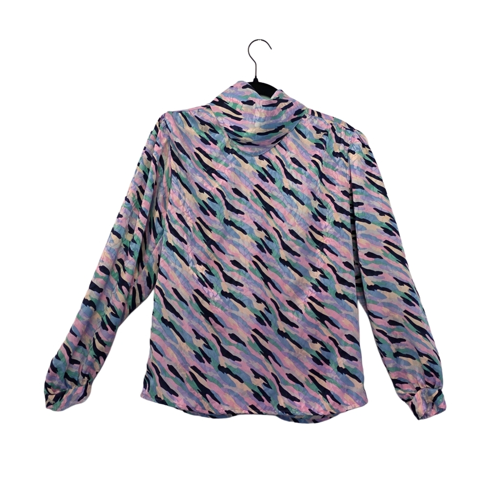 Vintage Grannycore Mock Neck Colorful Flowy Button Blouse Michelle Stuart Medium